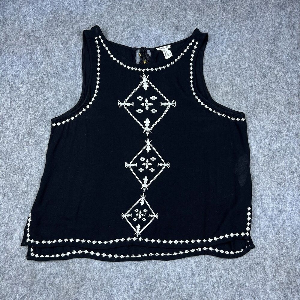 Vtg Forever 21 Women's Tunic Top Sleeveless Black Embroidered Rayon Y2K Size M